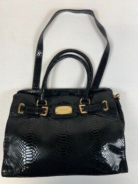 Michael Kors Women Large Black Python Embossed Leather Hamilton Satchel Gold Bag
